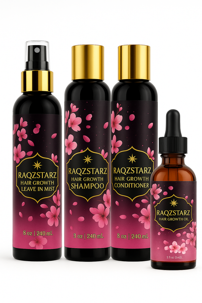 Set of RAQZSTARZ hair care products including a leave-in mist, shampoo, conditioner, and oil on a white background.